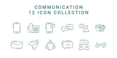 12 set collectie pictogram communicatie of neem contact met ons op vectorillustratie. pictogram overzichtsstijl vector