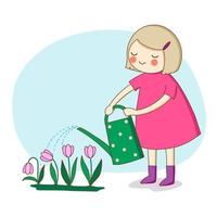 jeugd. klein meisje geeft bloemen water uit de gieter. vector