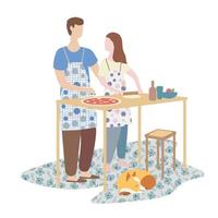 vrouw en man samen pizza koken. familie koken, weekend, huiselijke sfeer vector