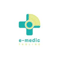 online dokter. e medic-logo. met plus-, kruis- en signaalpictogrammen. op blauwe en groene kleur. premium en luxe medische gezondheid logo vector sjabloon