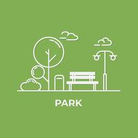 vlakke minimale stijl met bank en bomen op centrale parkachtergrond. Denk groen en ecologisch. Wereld Milieu Dag. vector