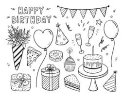 vector doodle set verjaardag ontwerpelementen. feestelijke vlaggen, petten, ballonnen, cadeaus, bloemen, glazen champagne, confetti, lekkers en een grote verjaardagstaart met kaarsje. handgetekende illustratie.