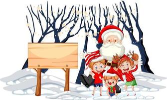 kerstman met kinderen en lege houten banner vector