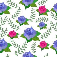 botanische naadloze patroon roze en blauwe bloeiende roos met bladeren, takken van groen. bloemenillustratie voor boekje, uitnodigingskaart, stofafdrukken, dagboekomslag. rozendag, de bloem van de liefde vector