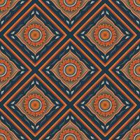 oranje bloem op indigo blauw. geometrische etnische oosterse patroon traditioneel ontwerp voor achtergrond, tapijt, behang, kleding, verpakking, batik, stof, vector illustratie borduurstijl