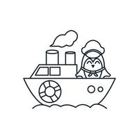 dier vogel pinguïn als matroos met schip schattige cartoon lijn illustratie vector