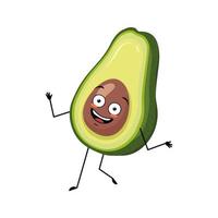 avocadokarakter met gekke gelukkige emotie, vrolijk gezicht, glimlachogen, dansende armen en benen. persoon met expressie, groente- of fruit-emoticon. platte vectorillustratie vector
