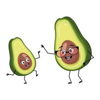 avocadokarakter met gelukkige emotie, vrolijk gezicht, glimlachogen, armen en benen. fruit of groente persoon met expressie. grootmoeder met bril en kleinzoon dansen. platte vectorillustratie vector