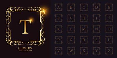 letter t of collectie eerste alfabet met luxe ornament bloemen frame gouden logo sjabloon. vector