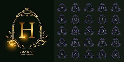 letter h of collectie eerste alfabet met luxe ornament bloemen frame gouden logo sjabloon. vector