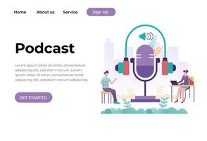 podcasting, online radio of interviewconcept. vrouw met laptop die podcast-app gebruikt. podcaster podcast opnemen in studio met microfoon en koptelefoon. vector webpagina banner illustratie.