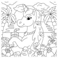 magische fee paard. eenhoorn drinkt sap op het strand. kleurboekpagina voor kinderen. stripfiguur in stijl. vectorillustratie geïsoleerd op een witte achtergrond. vector