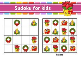 sudoku voor kinderen. onderwijs ontwikkelen werkblad. stripfiguur. kleur activiteitenpagina. puzzelspel voor kinderen. kerst thema. geïsoleerde vectorillustratie. vector