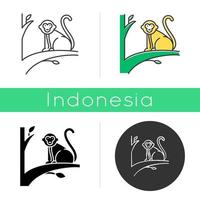 baby aap icoon. tropisch landdier, zoogdier. het verkennen van de wilde dieren van de Indonesische eilanden. schattige primaat zitten. lineaire, zwarte, krijt- en kleurstijlen. geïsoleerde vectorillustraties vector