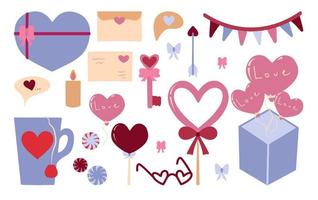 mooie set items voor Valentijnsdag, 14 februari. feestelijk decor. lief cadeau, hartlollies, doos met ballonnen, mok, sleutel, pijl, letters. vectorillustratie in platte en cartoonstijl