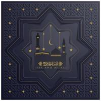 Isra en miraj wenskaart islamitische bloemmotief vector design met gloeiende gouden Arabische kalligrafie voor achtergrond, banner, behang, illustratie, decoratie en dekking