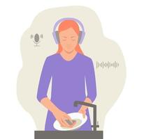 dagelijkse routine. een vrouw doet de afwas en luistert naar een podcast of muziek. een vrouw met koptelefoon. afwassen. vector