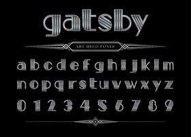 zilveren gatsby-alfabetletter en -nummer, zilveren kleine letterlettertypen ingesteld. vector