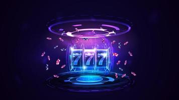 neon casinogokautomaat met jackpot, pokerfiches en hologram van digitale ringen in donkere lege scène vector