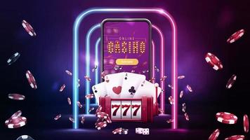 online casino, banner met smartphone, rode gokautomaat, pokerchips, speelkaarten en neonroze en blauwe frames vector