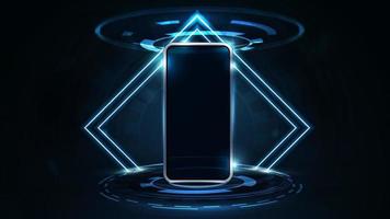 smartphonemodel in donkere scène met neonruitframes en hologram van digitale ringen in donkere kamer vector