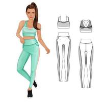 dames sportkleding set met legging en sportbeha. vectorillustratie en technische tekening vector