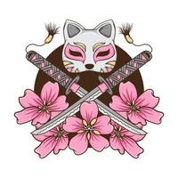 katana zwaard en kattenmasker met kersenbloesem hand getekende illustratie