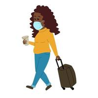 een meisje met een koffer en een masker wacht op haar transport. een personage met koffie in zijn handen. vector