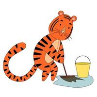 tijger die vloeren dweilt, schattig dier. het idee van een personage voor een wenskaart, een kindermuurschildering. vector