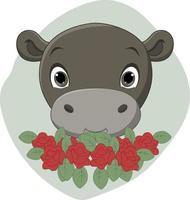 leuke cartoon nijlpaardhoofd met bloemen vector