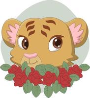 schattige tijger hoofd cartoon met bloemen vector