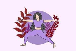 vrouw mediteren in vreedzame natuur illustratie, yoga en gezonde levensstijl concept, platte cartoon design vector