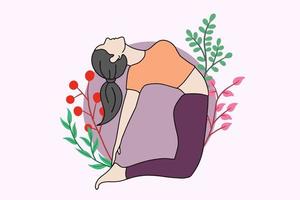 vrouw mediteren in vreedzame natuur illustratie, yoga en gezonde levensstijl concept, platte cartoon design vector