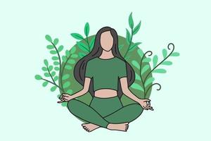 vrouw mediteren in vreedzame yoga en gezonde levensstijl meditatie mensen poseren spiritueel ontspannen plat cartoon design vector