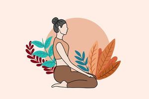 vrouw mediteren in vreedzame natuur illustratie, yoga en gezonde levensstijl concept, platte cartoon design vector