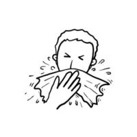 handgetekende persoon die zijn mond bedekt met een tissue bij hoesten of niezen in doodle-stijl vector