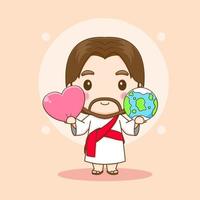 schattig Jezus stripfiguur met liefde en aarde vector