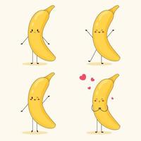 collectie van banaan in de verschillende poses. schattige cartoon fruit tekenset op witte achtergrond. platte vectorillustratie. vector