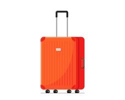 rode plastic kofferbagage voor reizen met wielen en intrekbaar handvat vooraanzicht. bagage tas voor zomervakantie reis platte vector eps illustratie