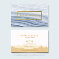 Luxe visitekaartjes vector sjabloon, banner en dekking met marmeren textuur en gouden folie details op witte achtergrond.