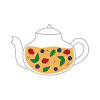 lijn kunst theepot. thee met bessen en bladeren. kleurrijke fruitthee. keuken gebruiksvoorwerp. doodle vlakke stijl. vector