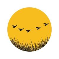 gras met zonsondergang en vogel groep vliegen logo symbool pictogram vector grafisch ontwerp illustratie idee creatief