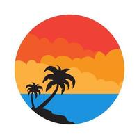 zee met kokospalm en zonsondergang cirkel kleurrijk logo symbool pictogram vector grafisch ontwerp illustratie