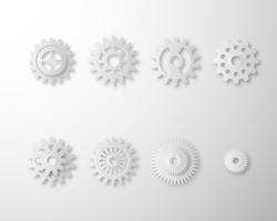Inzameling van Toestellen en tandradwiel dat op witte achtergrond wordt geïsoleerd. Set van witte versnellingen papier kunststijl. vector