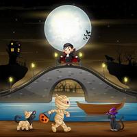 Halloween-nachtachtergrond met vampier, mama en katten vector