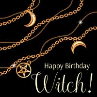 Gefeliciteerd met je verjaardag. Wenskaart ontwerp met pentagram en maan hangers op gouden metalen ketting. Op zwart. Vector illustratie