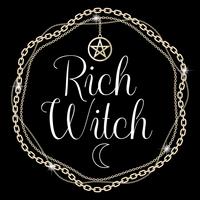 Rich Witch. Kaart of t-shirt ontwerpconcept. Ketting frame met pentagram hanger, tekst. Vector illustratie.