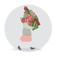 winter meisje met geschenken. boodschappen doen. uitverkoop. nieuwjaarskaart vector