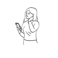 vermoeide jonge vrouw met nekpijn die haar smartphone illustratie vector hand getrokken geïsoleerd op een witte achtergrond lijntekeningen.