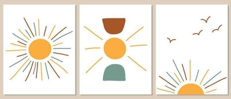 vector set posters met zon in boho-stijl. kinderkamerdecoratie in boho-stijl. schattige handgetekende posters met zon en zonsondergang. abstracte zon.